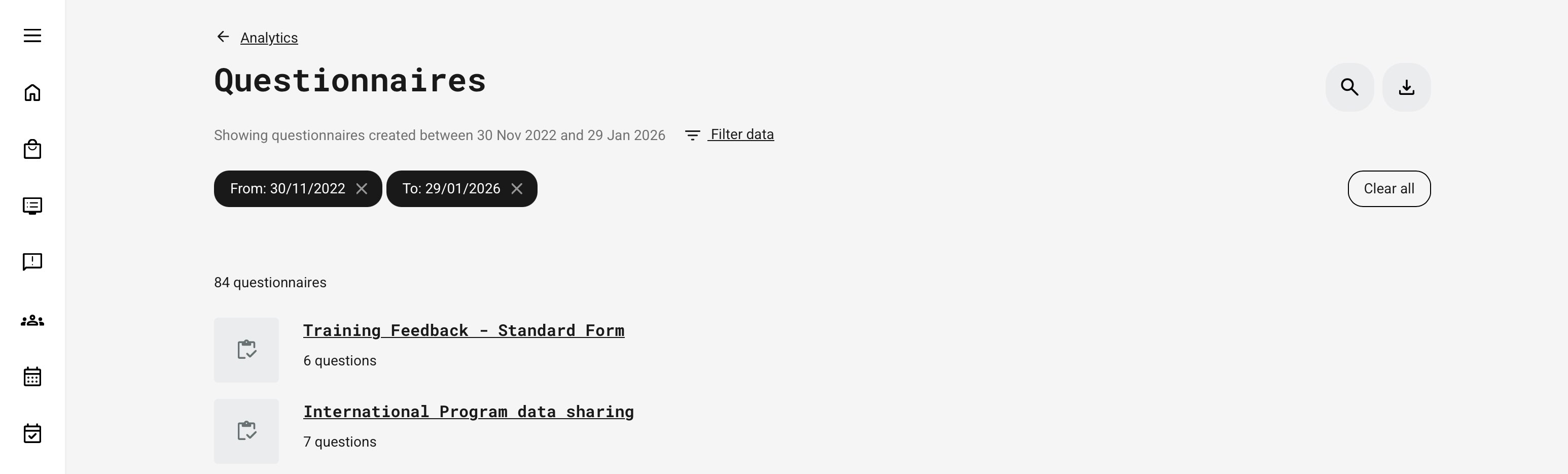 Overview of questionnaires within a selected period, with options to search, clear, and filter for further segmentation. From here, you can navigate into individual questionnaires for detailed analytics.