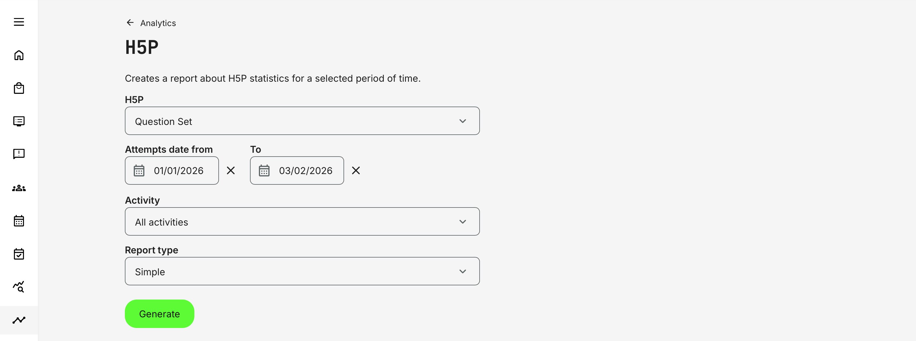 Options to focus the report by date range and across all or selected activities for targeted analysis of Question Set assessments.