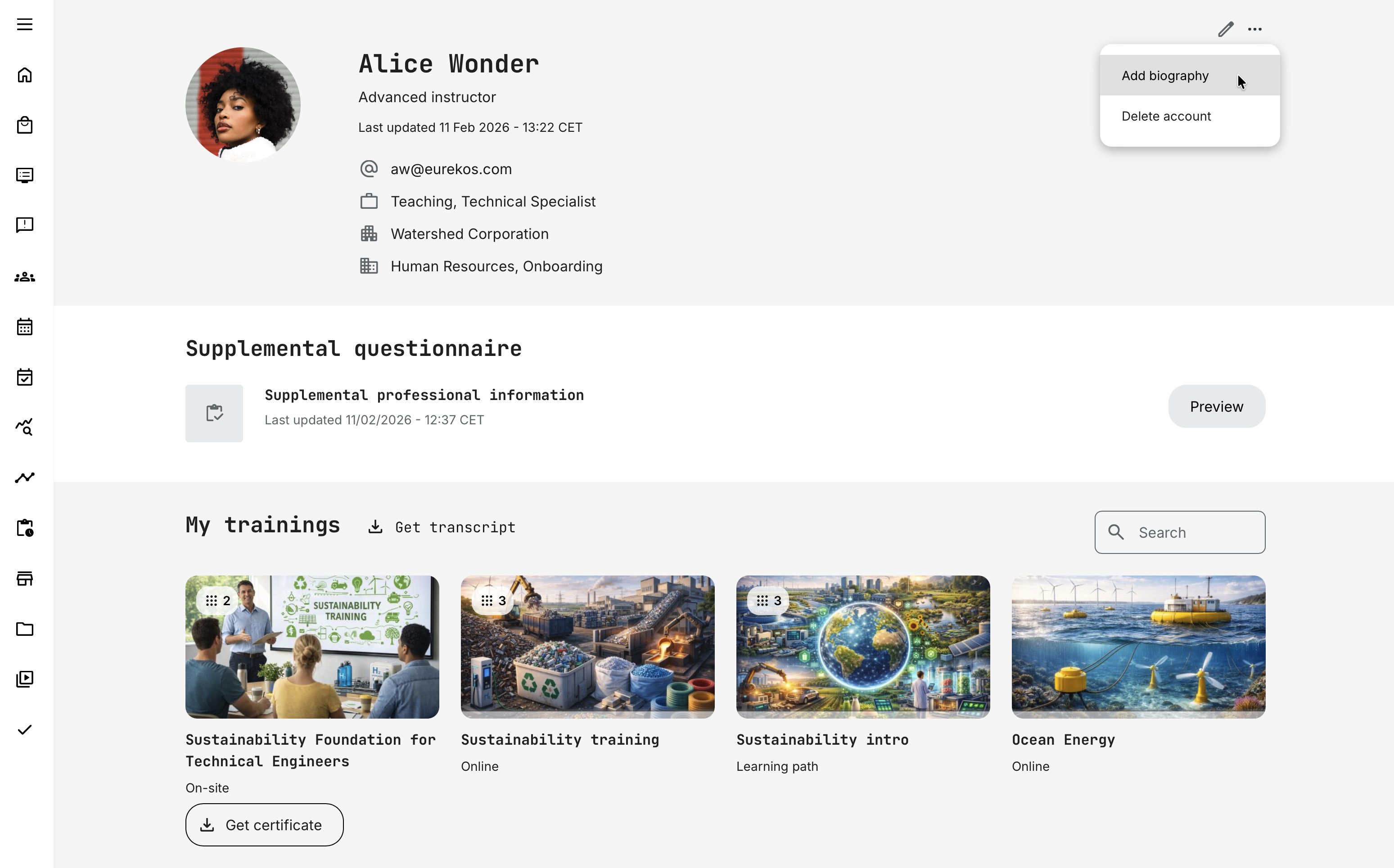Example view of a user accessing her own profile, with options to manage account settings and add or edit a biography.