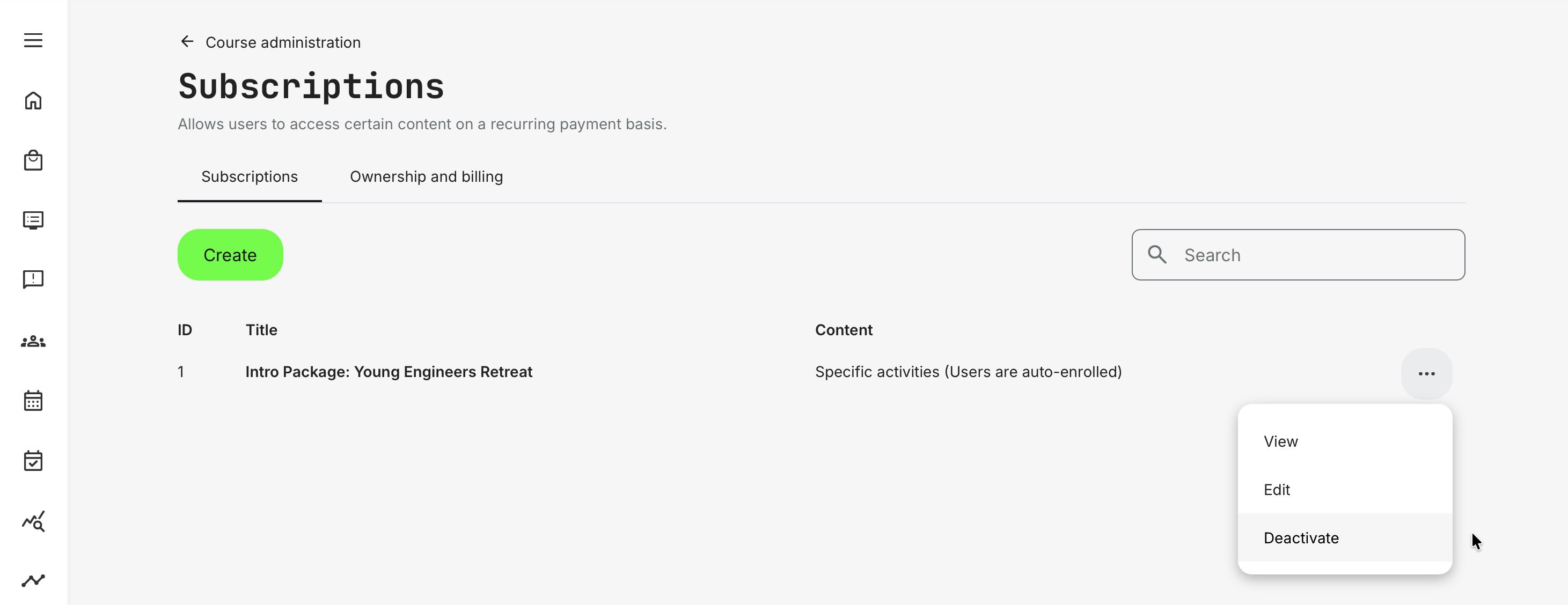 Deactivating a subscription as an administrator can be performed on Subscription list.