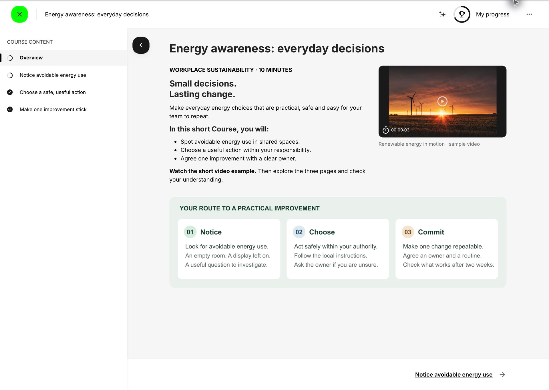 Sample energy-awareness Course in Learn mode with a two-column introduction, native wind-energy video, three-step infographic, Course outline and next-page navigation.