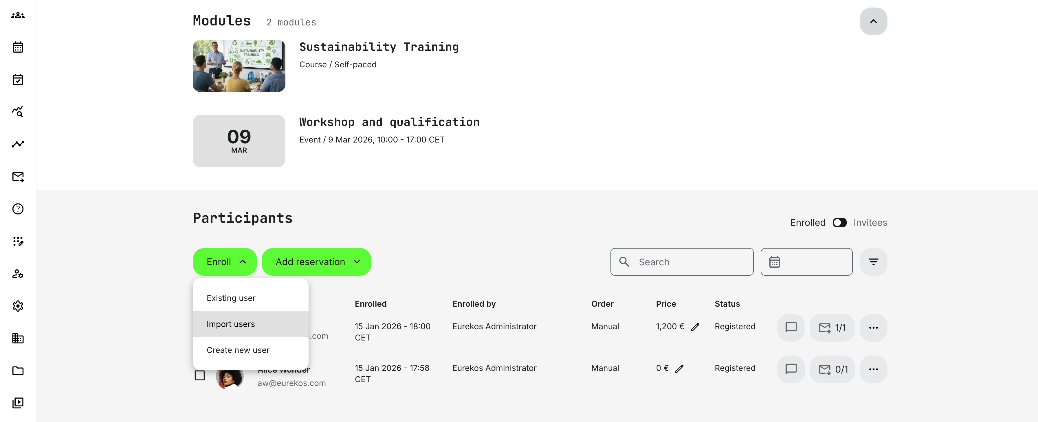 Enrollment option on the activity page to import users