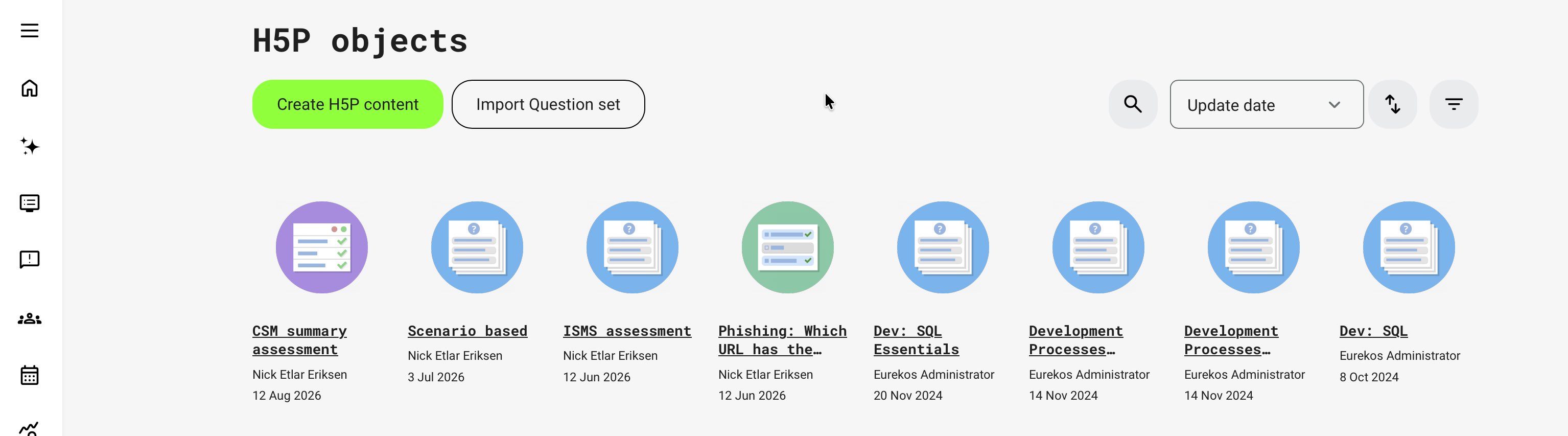 H5P objects page with Create H5P content and Import Question set actions, search, sorting and filtering controls, and cards showing object titles, authors, and dates.