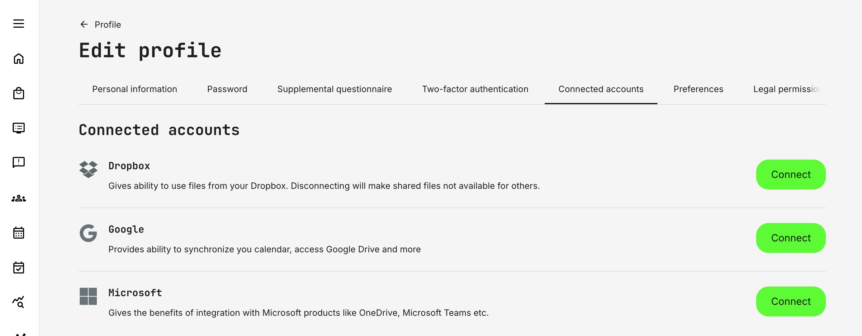 User profile “Connected accounts” section displaying configured third-party integrations, where users can connect services such as Google to enable features like calendar synchronization and content access.