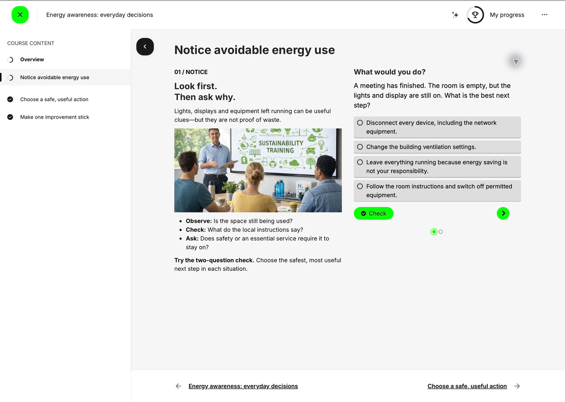 Sustainability lesson in Learn mode with two columns, workplace imagery and an H5P Question Set. The Course outline highlights the current page and previous and next links remain at the bottom.