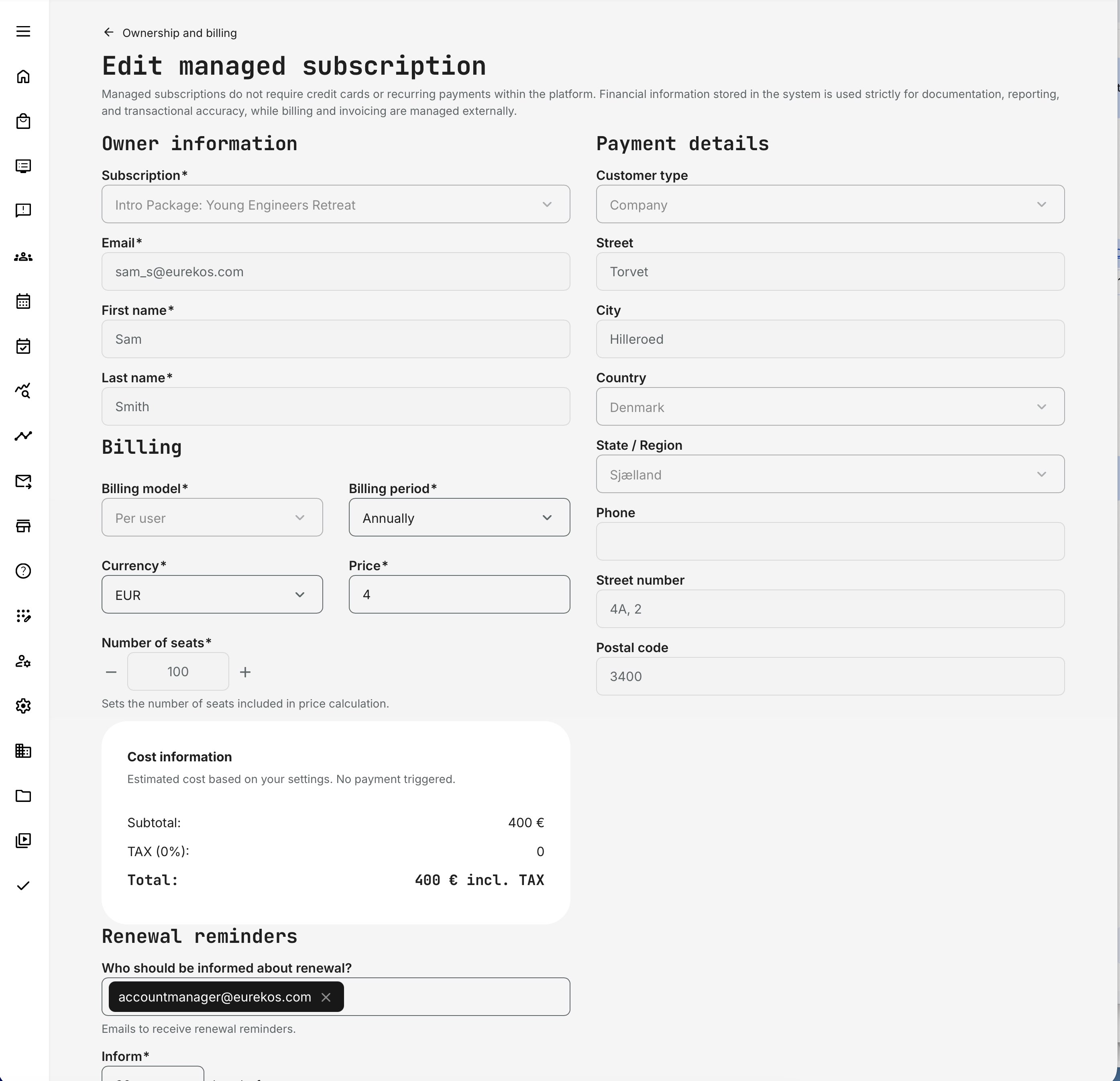 Edit managed subscription form where administrators can adjust pricing, billing parameters, and renewal reminder settings for an existing agreement.