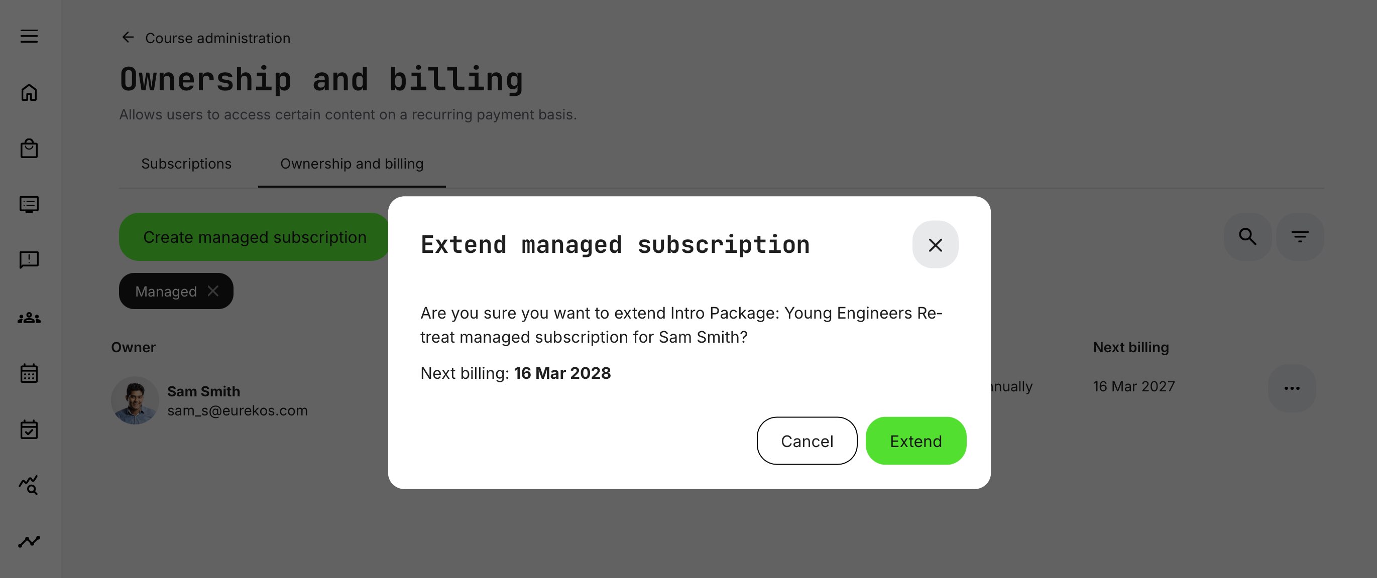Extend managed subscription dialog showing the updated billing date after adding a new subscription period to the existing agreement.