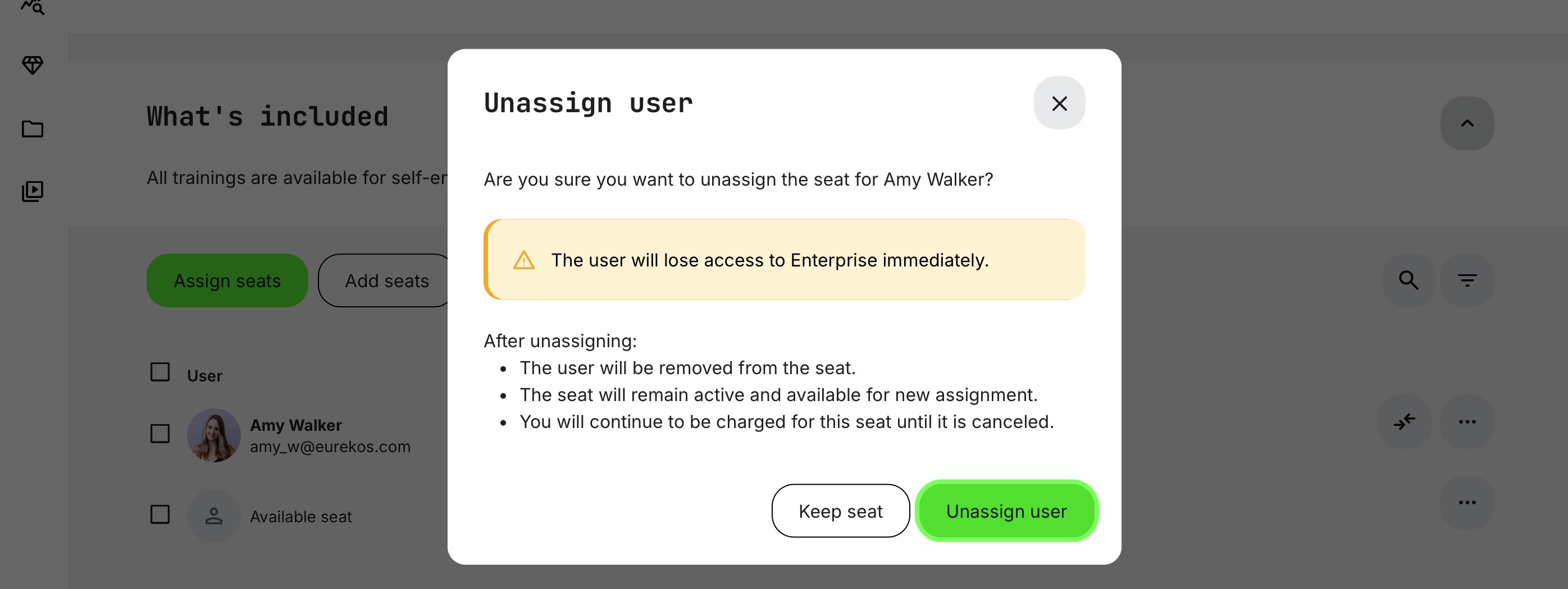 Confirmation is required when unassigning a subscription team member.