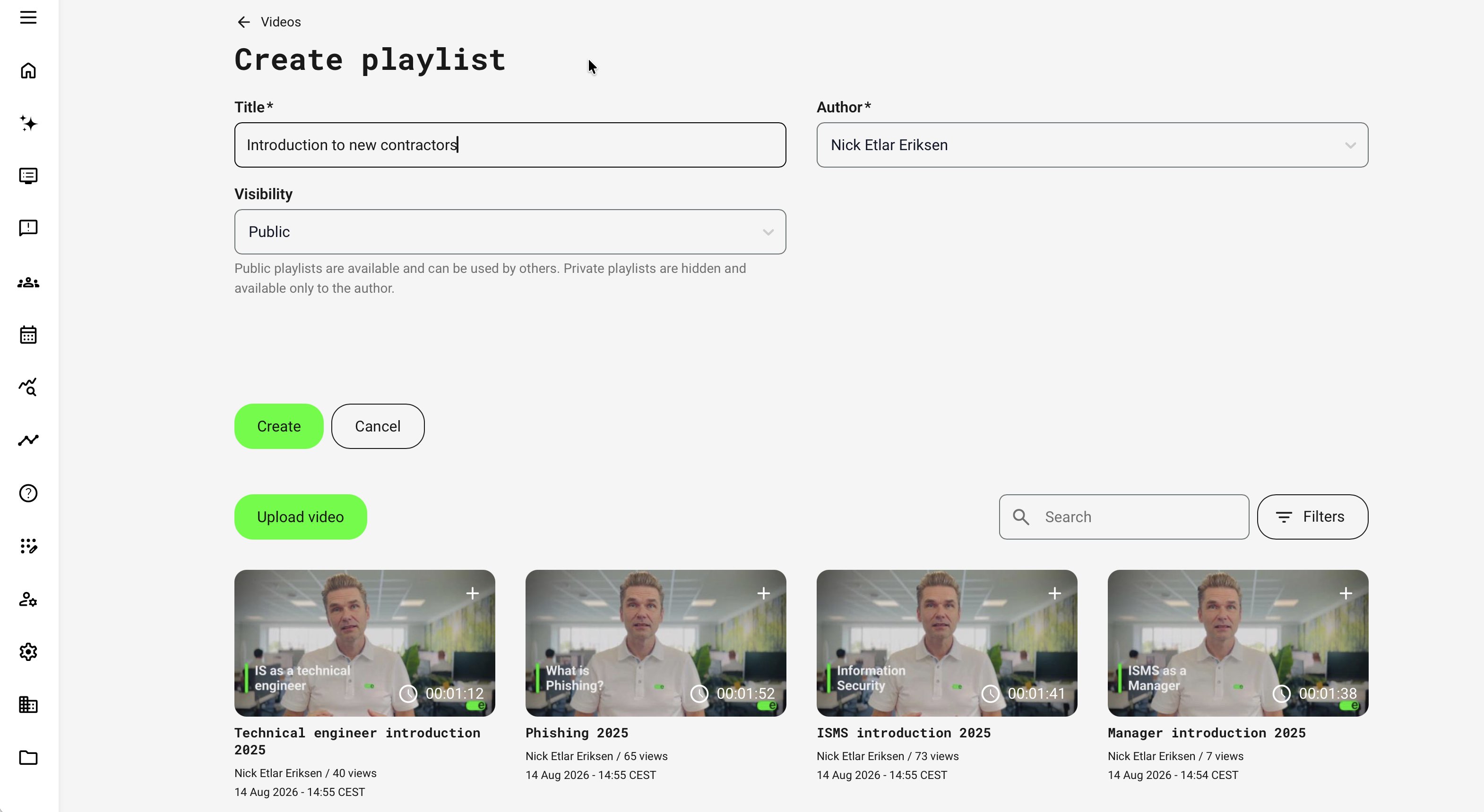 Create playlist page with Title, Author, Public visibility, Create and Cancel actions, Upload video, search, filters, and available videos with plus icons
