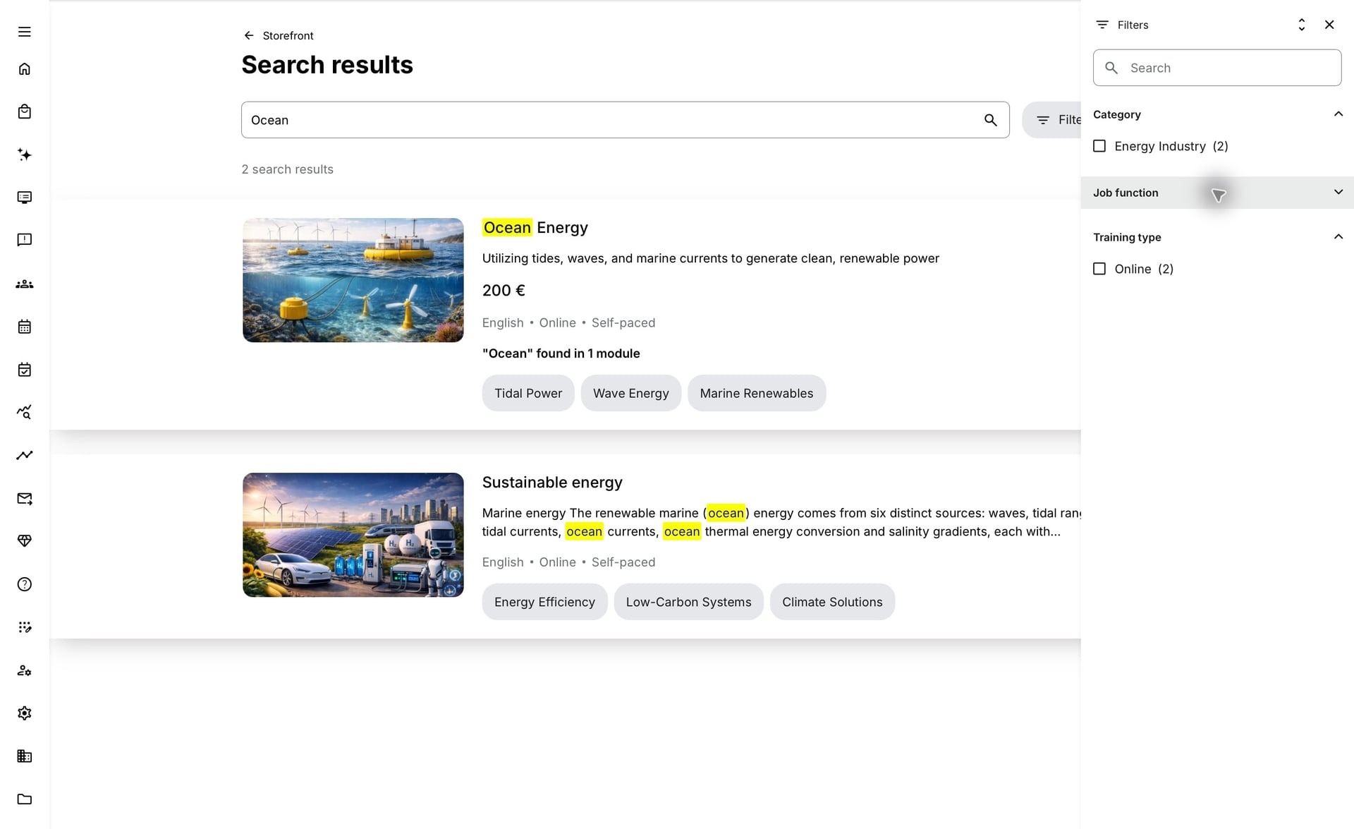 The Filters sidebar is open beside two Storefront search results. Category contains Energy Industry and Training type contains Online, each showing a count of two.