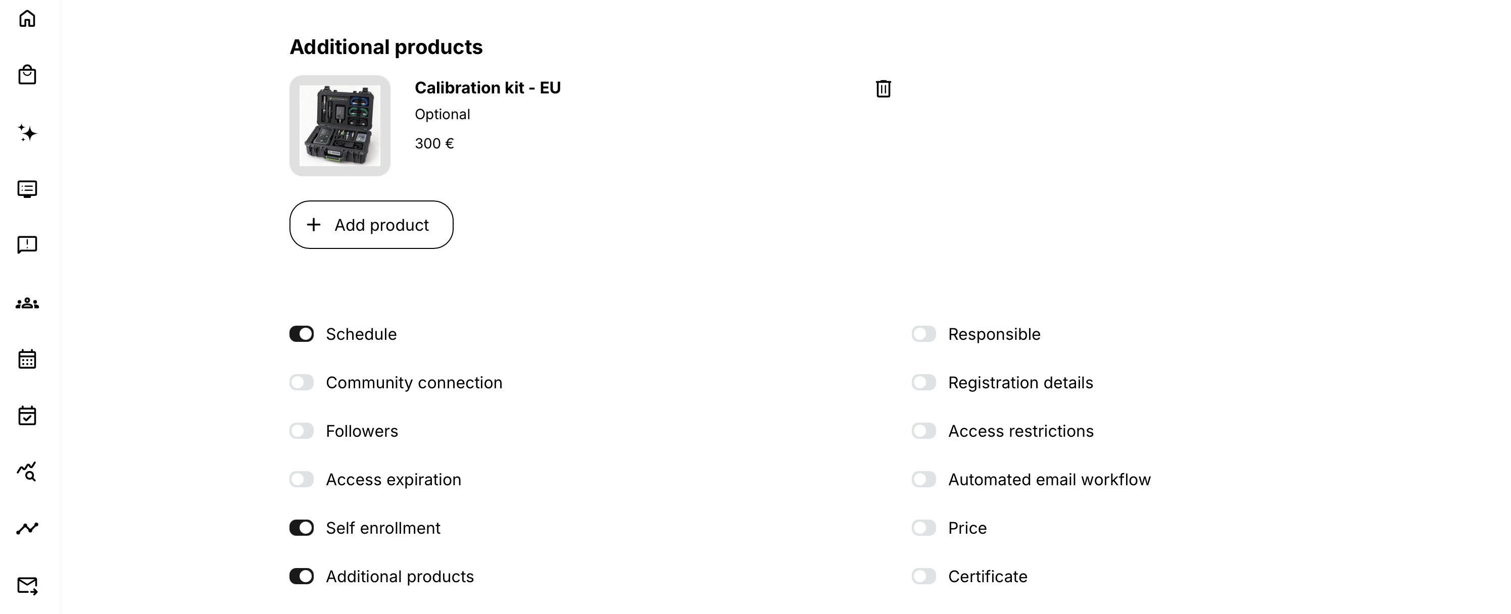 Training Activity Features showing Additional products enabled, with the optional Calibration kit – EU priced at EUR 300 and an Add product action.
