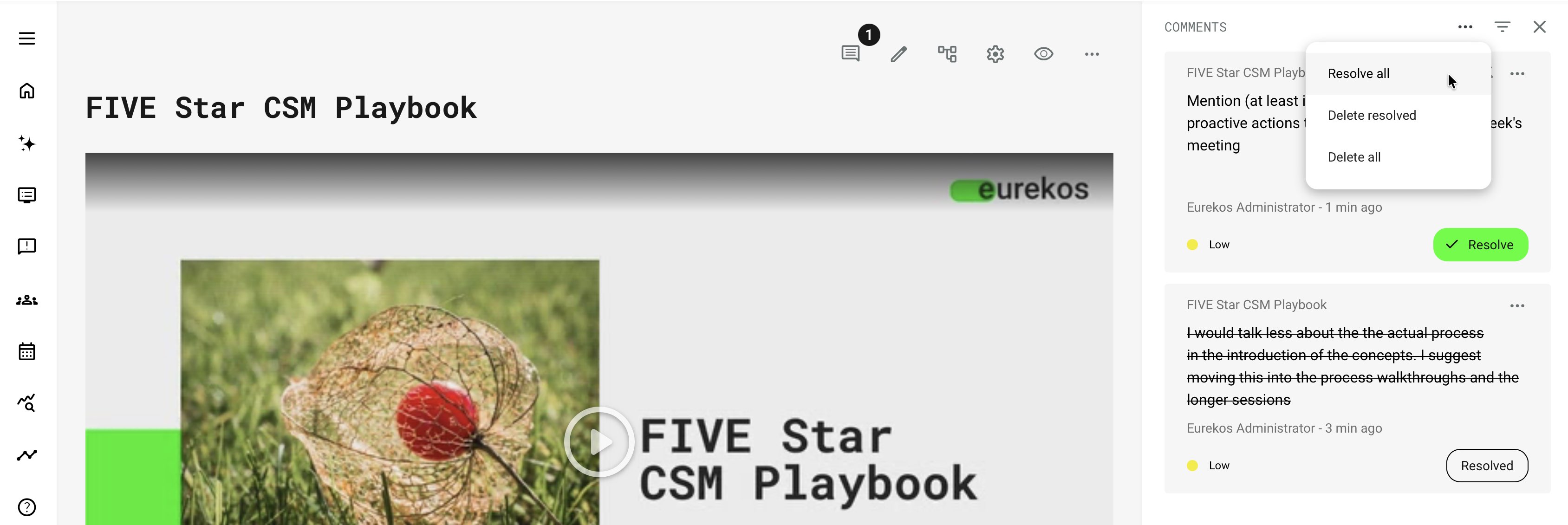 Course author view with the Comments panel open, an active comment with a Resolve action, a resolved comment shown with strikethrough, and a menu offering Resolve all, Delete resolved, and Delete all.