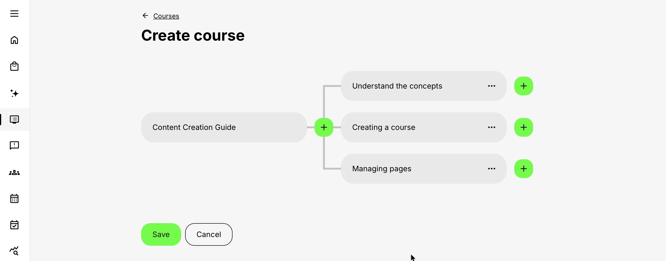 Create Course screen showing a Course root and three connected page bubbles, with controls for adding pages and saving or cancelling the new Course.