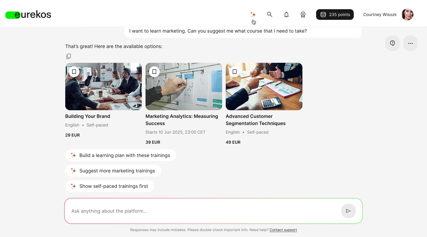 Example of AI assistant recommending activities available in the user's Storefront