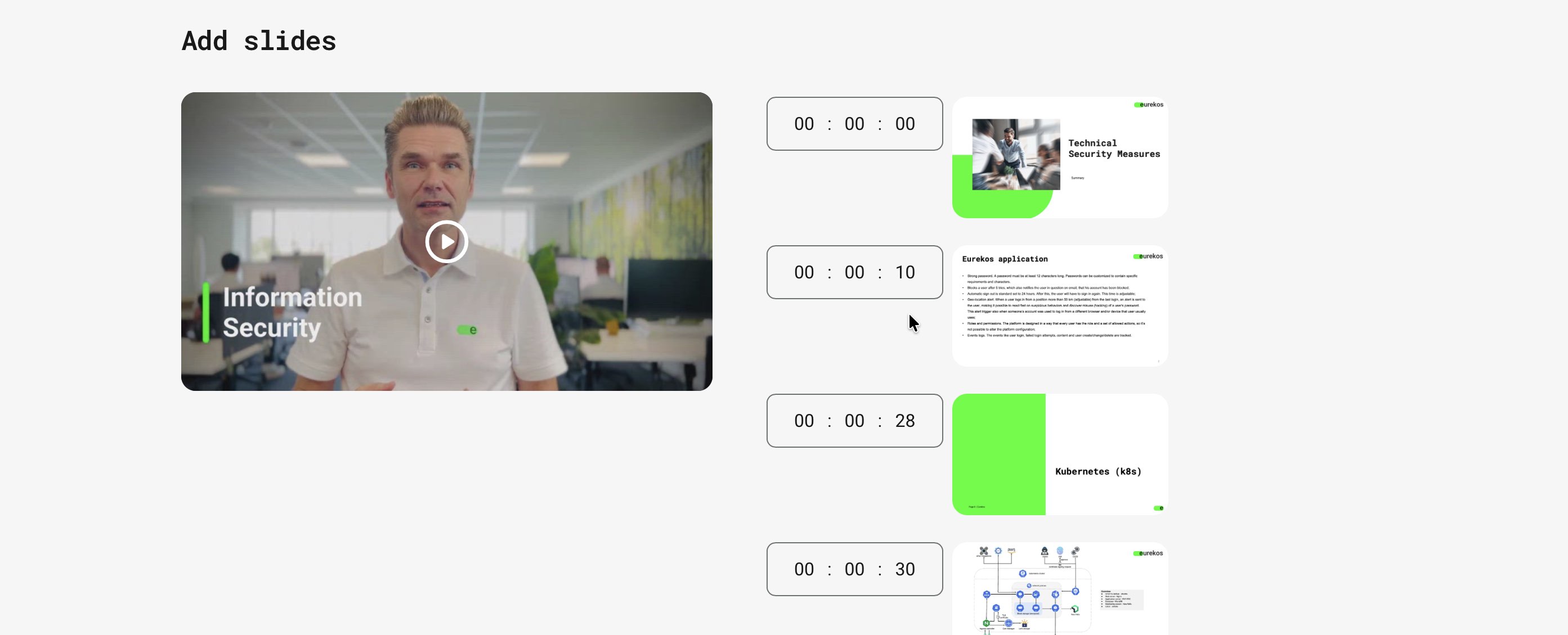 Add slides page with a video preview and slides scheduled to appear at 00:00:00, 00:00:10, 00:00:28, and 00:00:30