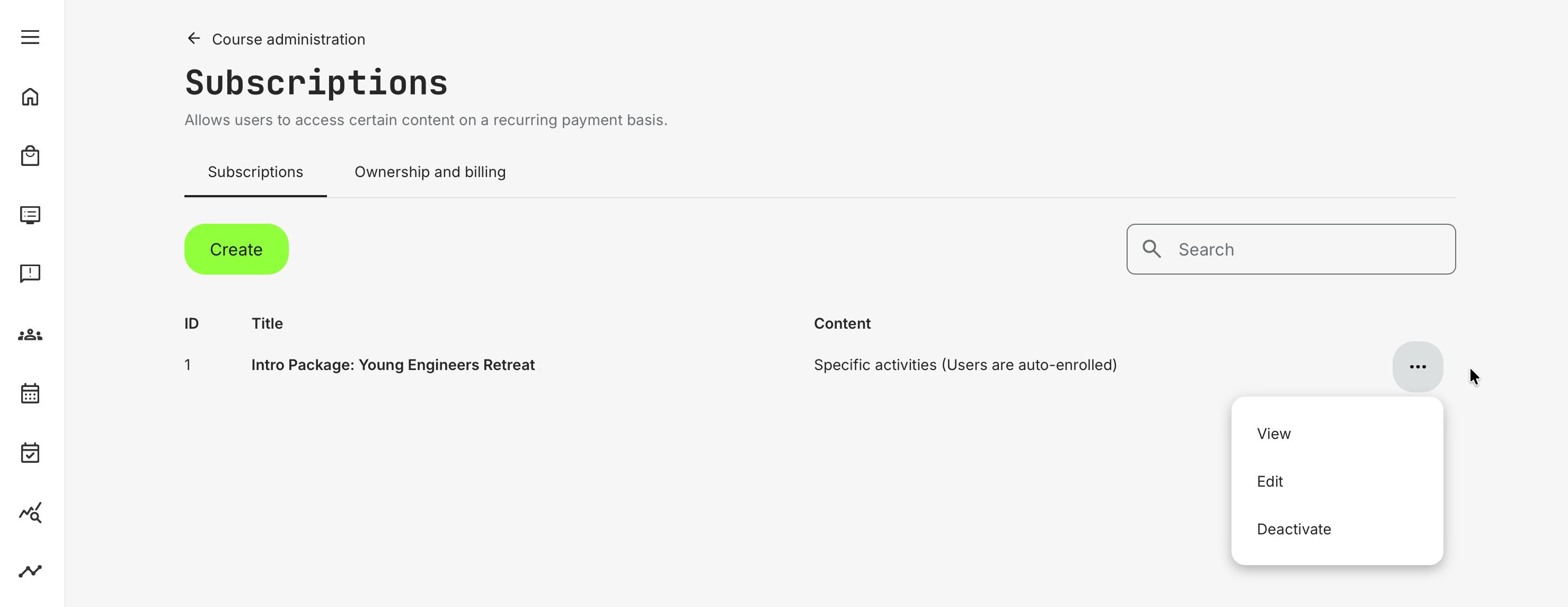 List of active subscriptions with options to manage.