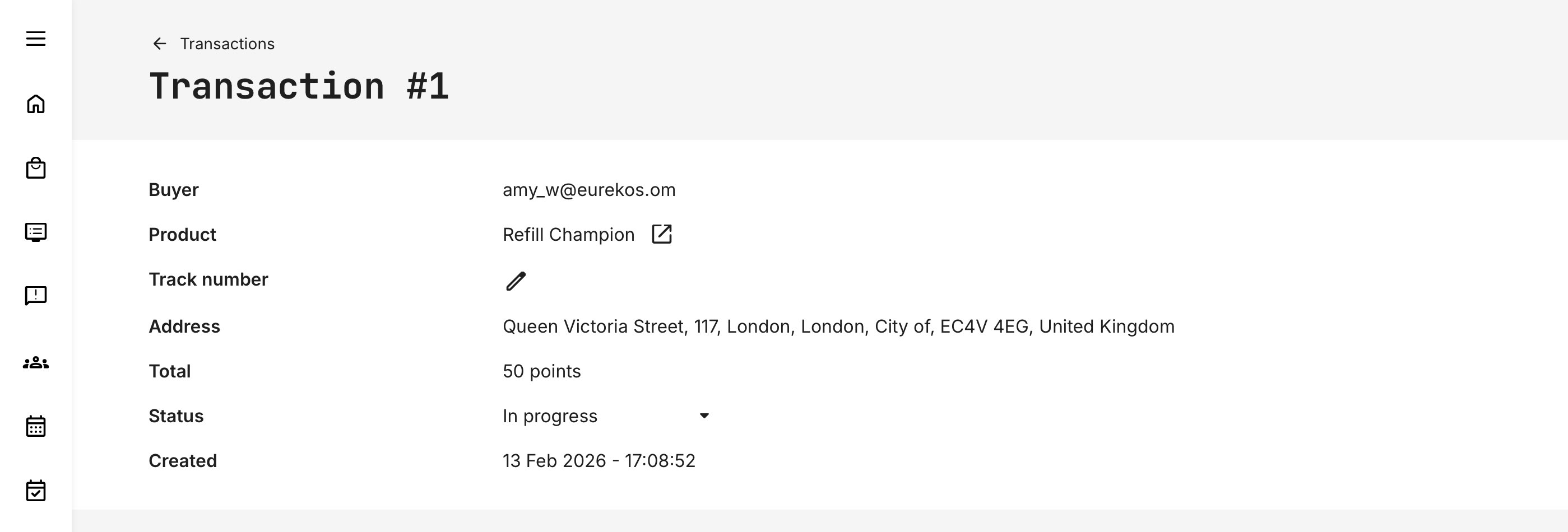 Transaction details view showing complete order information, with options to add a shipping tracking number and update fulfillment status.