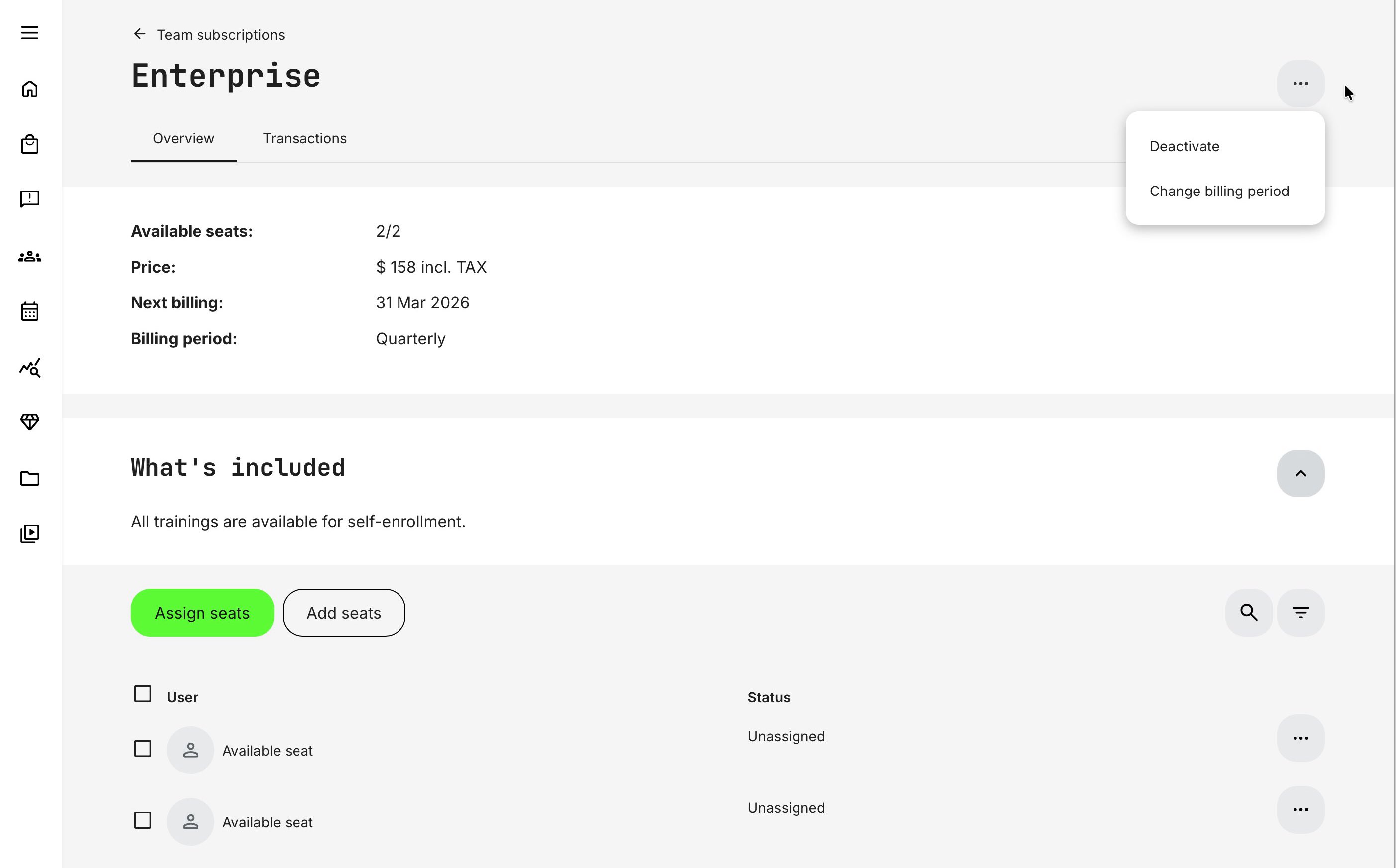 An example of a Team Subscription detail view, as accessed by a subscriber from the Subscriptions main menu.
