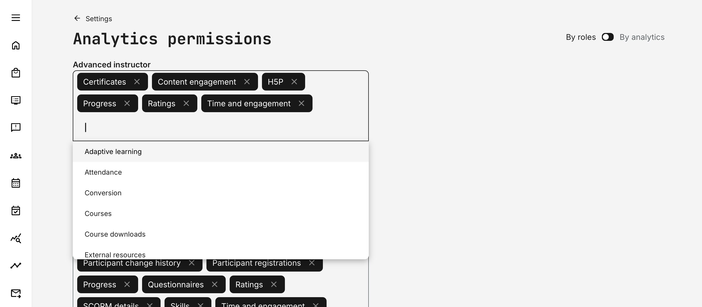Example of available Analytics options per role.